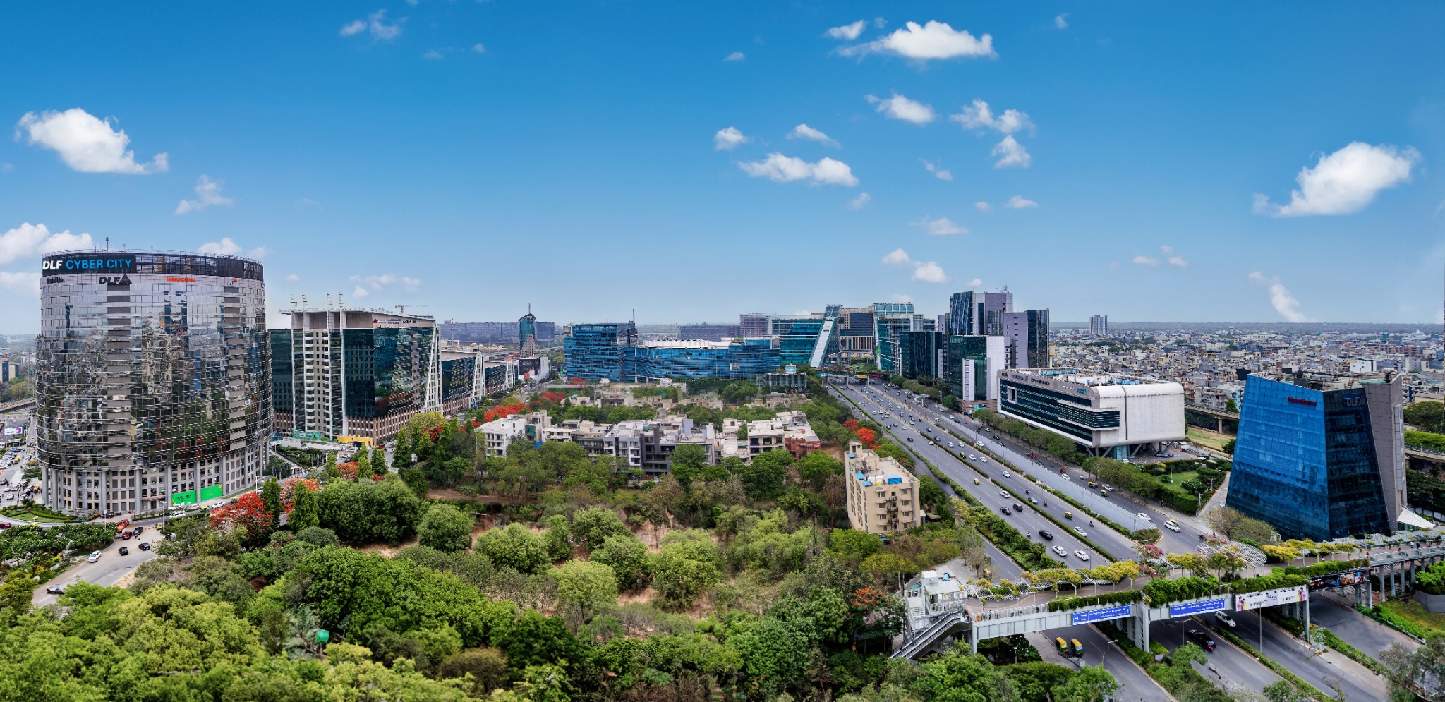 DLF Cybercity skyline and landscaped gardens, photographed by Parwez K